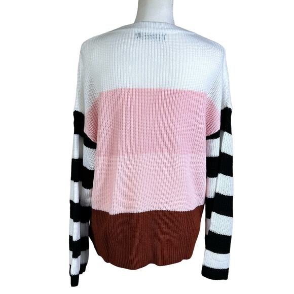 Zesica Sweater Women Medium Loose Knit Color Block Pink White Black Stripes - Picture 2 of 11